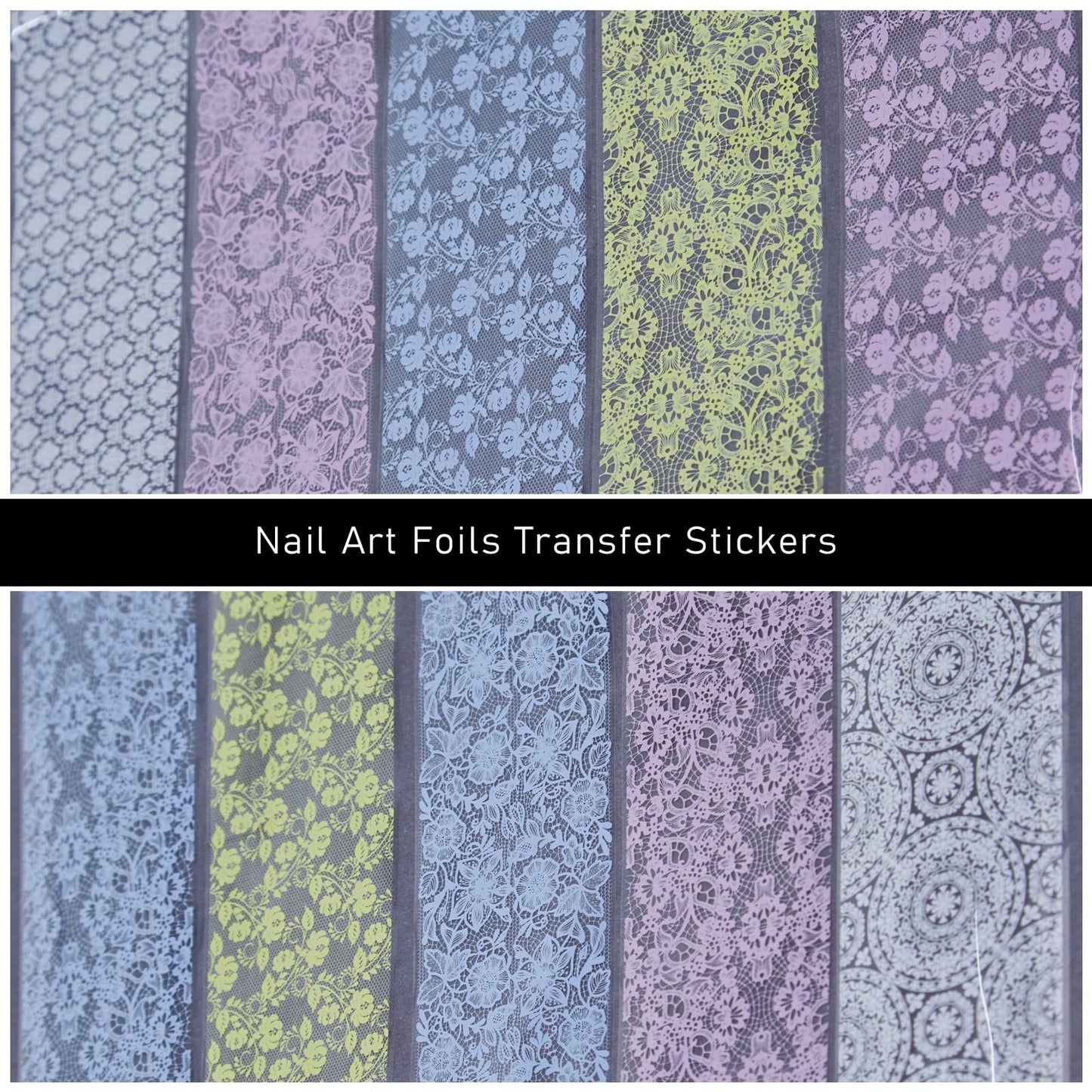 JERCLITY 10 Rolls Purple Blue Yellow White Lace Flower Nail Foil Transfer Stickers Nail Art Wraps
