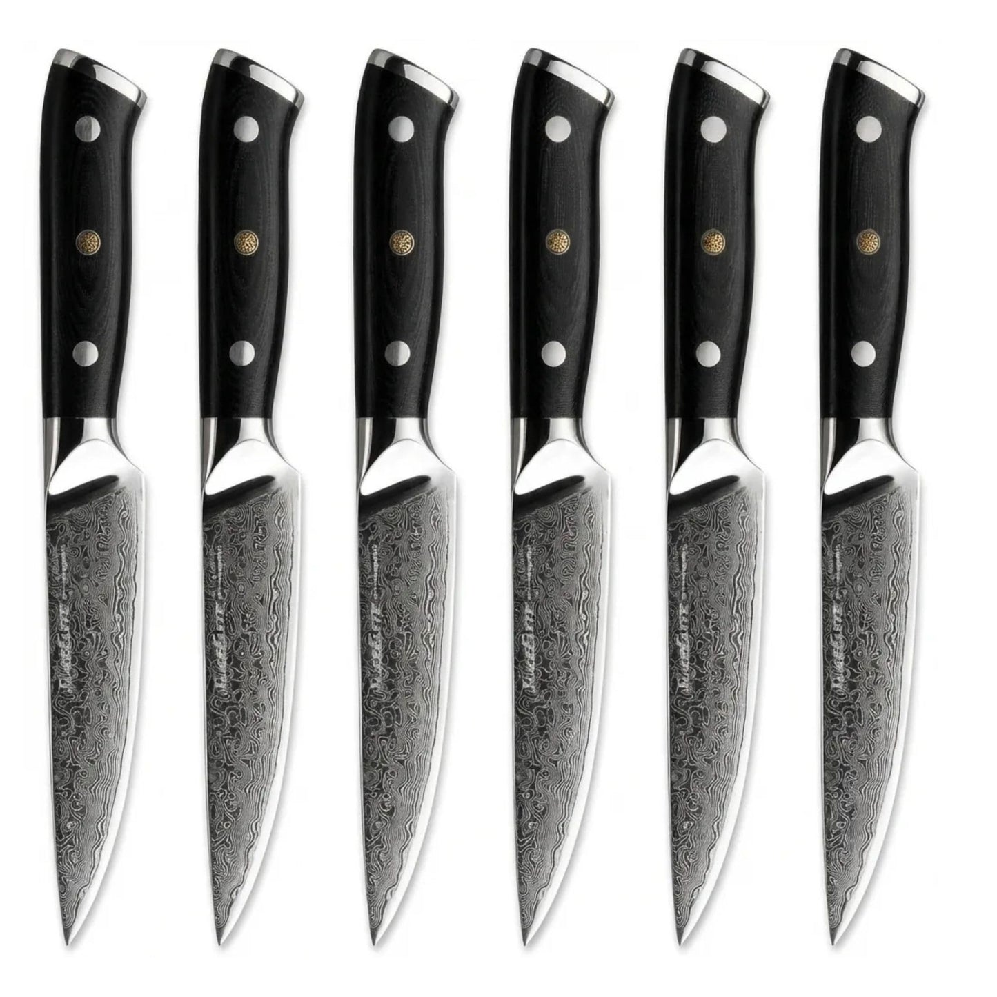 SliceElite Elite Series 6-Piece Steak Knife Set Non-Serrated Plain Edge Steak Knives 67-Layer Damascus Steel with VG10 Super Steel Core G10 Composite Handle Premium Steak Knives Blade Guards Gift Set