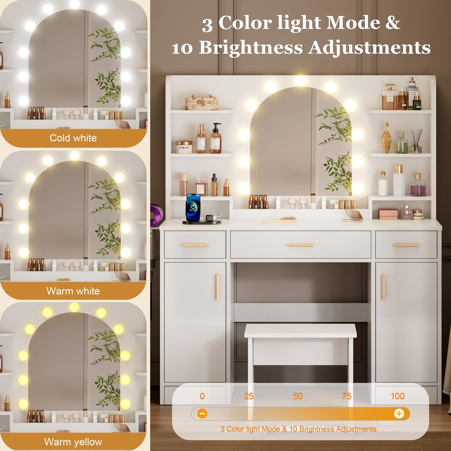 Decofy 43'' White Vanity with 11 LED Lights & Mirrow, Makeup Vanity Table with Power Outlets, Chair & Hair Dryer Holder, Dressing Table with Drawers & Cabinet