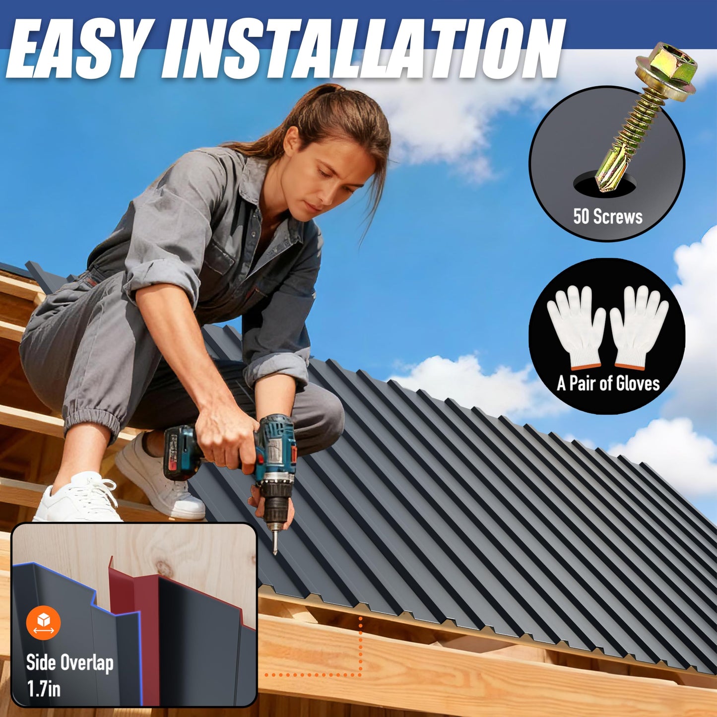 Brakki Metal Roofing Panels 10pcs 52.4 ft², L42.52"xW17.72" Black Corrugated Galvanized Steel Roof Panels with Screw, Heavy Duty Metal Siding Suitable for Garages Chicken Coop Sheds Stables Patio