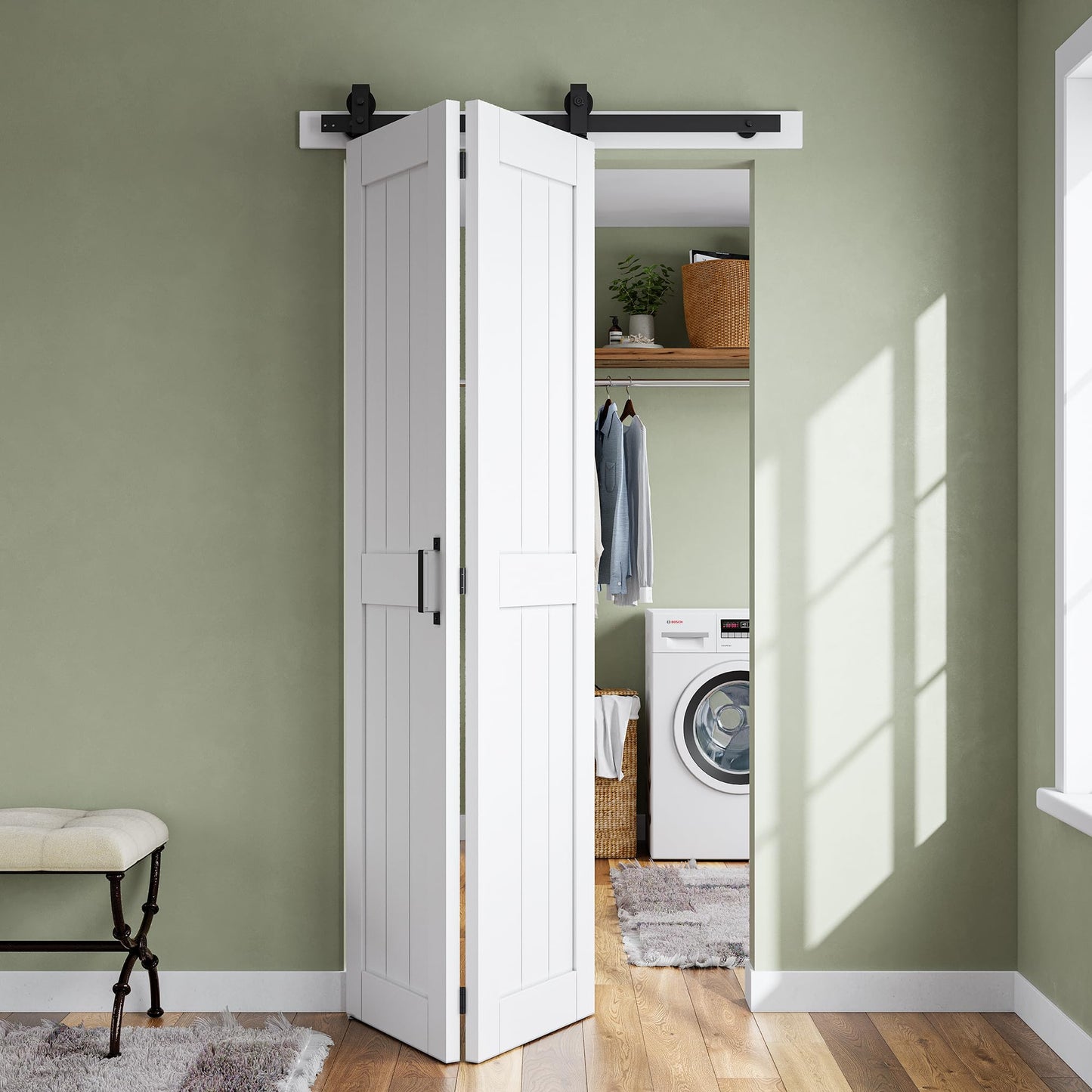 SMARTSTANDARD Bifold Barn Door 40'' x 84'',Bi-Fold Sliding Closet Doors with Hardware Kit Included,44'' Track Kit for 2 Doors,Waterproof & Quiet,Pre-Drilled Holes Easy Assembly,White