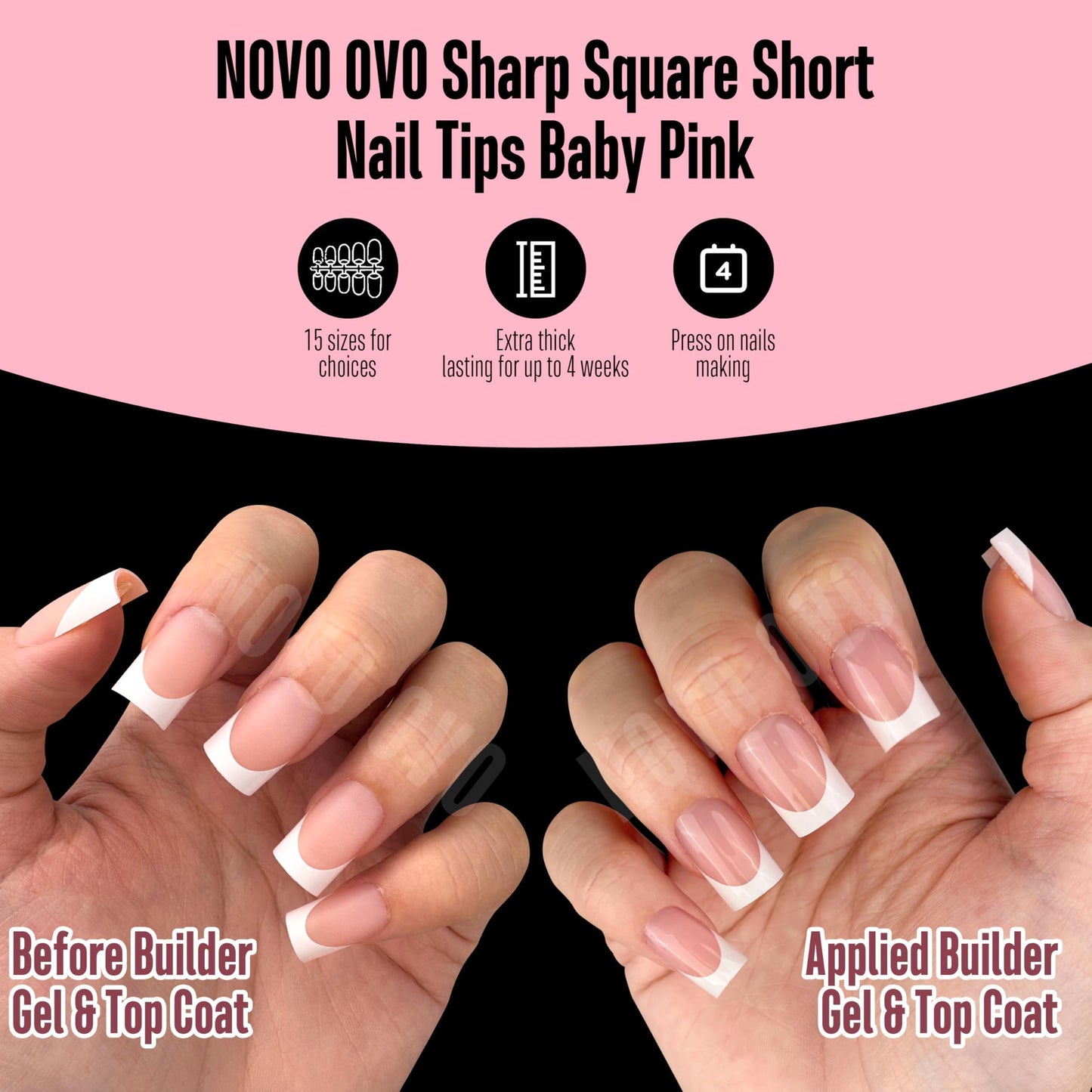 NOVO OVO Short Sharp Square White French Tip Nail Tips Press on BABY PINK, Need Builder Gel Top Coat Nail Glue, Soft Gel Fake Nail Extension, Full Cover False Nails for Salon DIY x 15 Sizes 240 pcs