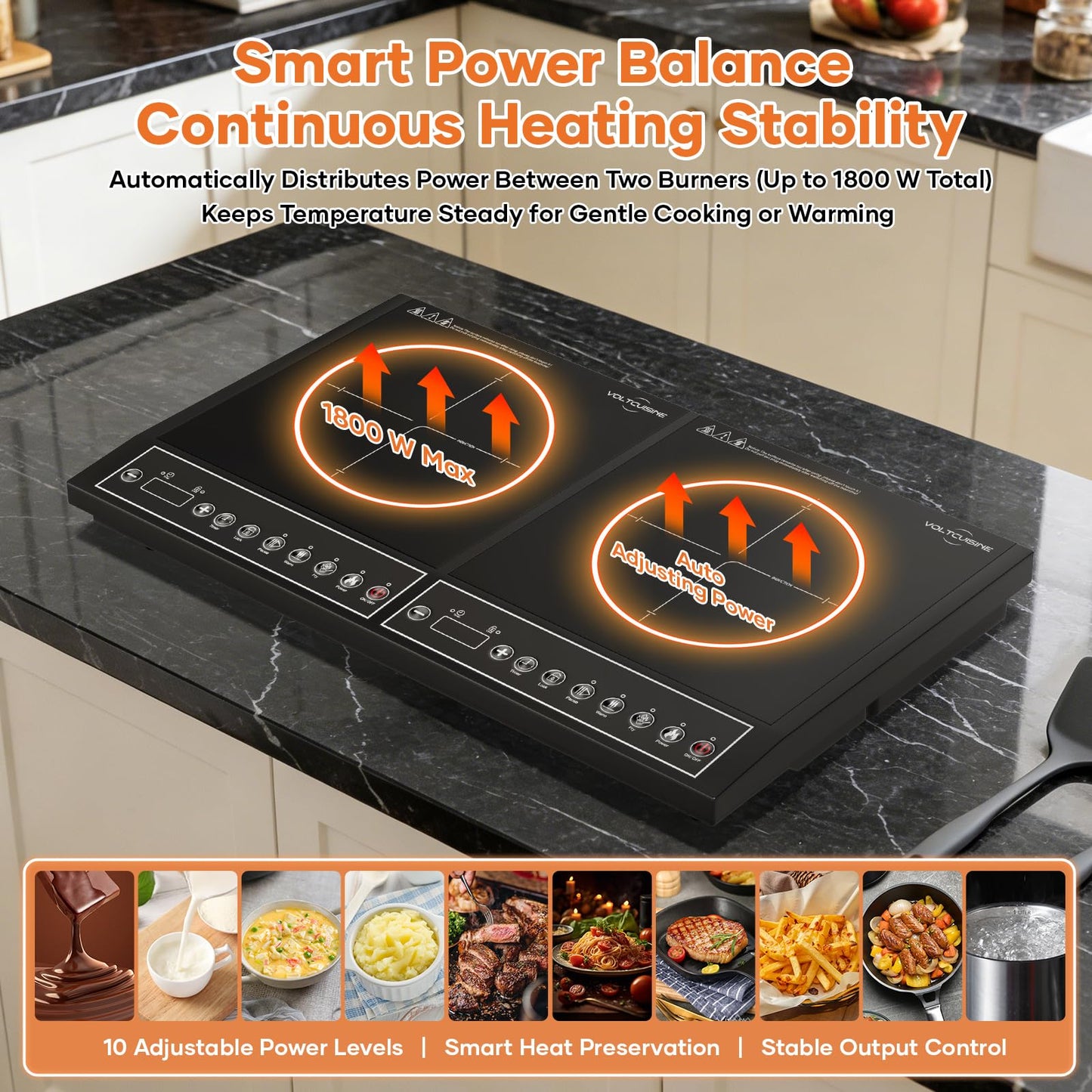 VoltCuisine 24 Inch Double Induction Cooktop, Physical Button Control, 1800W Shared Power, Dual Burner Portable Electric Stove with Low Power Continuous Heating, Countertop Cooker for Home & RV