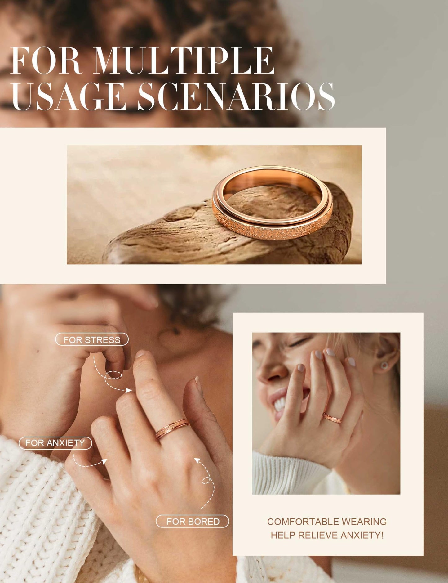 Diamday Fidget Rings for Women Men - 4mm Rose Gold Spinner Stainless Steel Ring for Anxiety Stress Relief Glitter Sandblast Spinning Figit Anxiety Jewelry for Wedding Promise Size 8