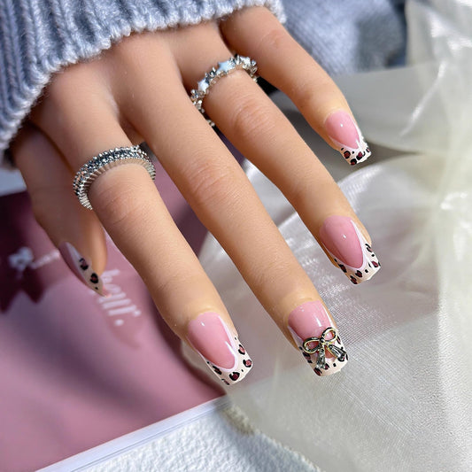 plalely Square Press on Nails Medium Nude Fake Nail Leopard Acrylic Nail Press ons Bow Stick on Nail for Women 24pcs