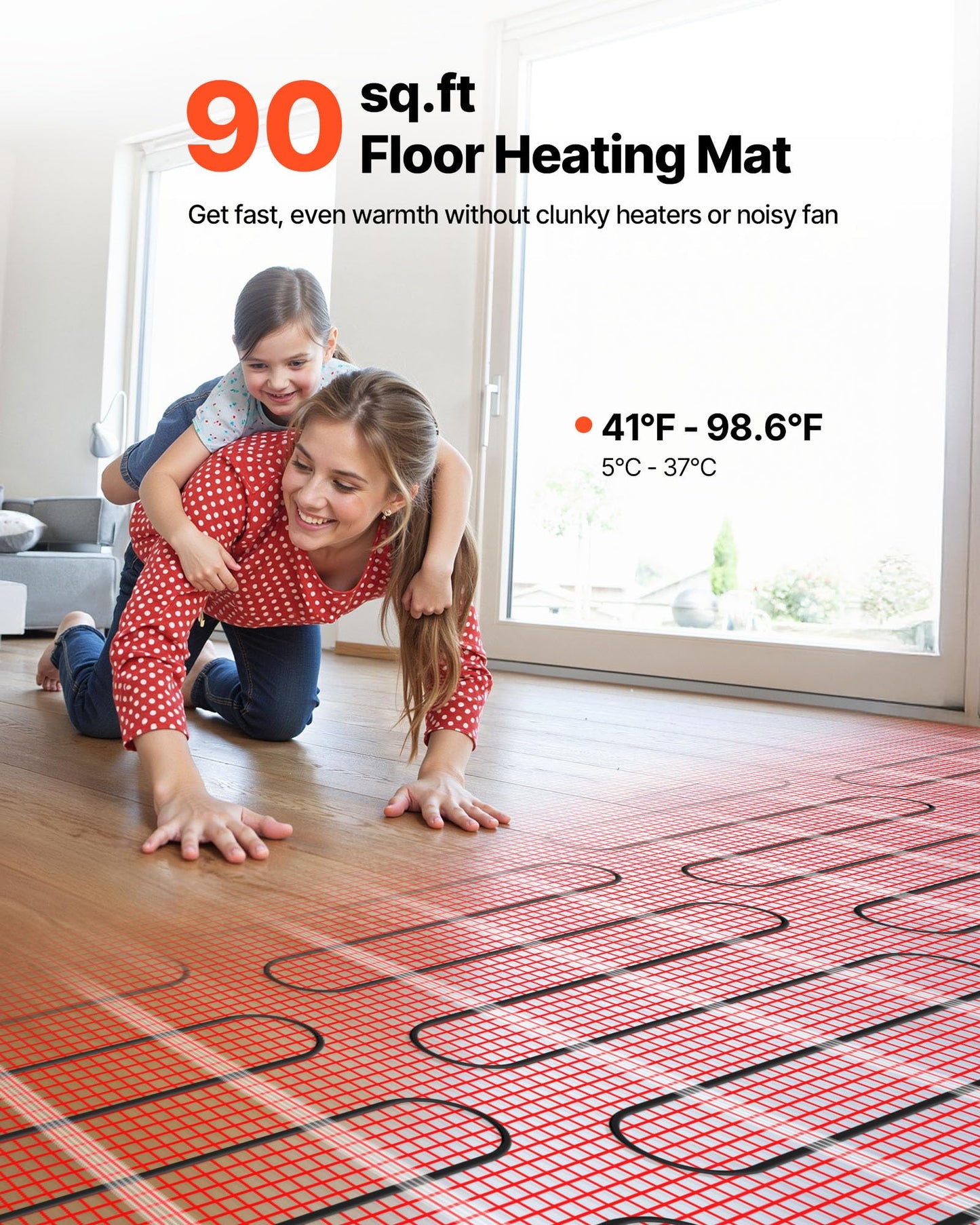 VEVOR 90 sqft Self-Adhesive Mesh Floor Heating Mat System, 120V Electric Radiant Heated Floor System, with Smart Control Thermostat & Alarm, Easy Installation for Tile, Stone, Vinyl