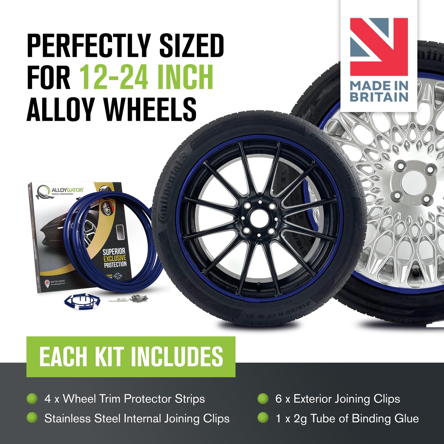 AlloyGator Blue Rim Protector for Car Wheels (Fits 12-24" Wheel Diameter) - Pack of 4 Premium Alloy Wheel Protector to Avoid Scratches & Scuffs - Adhesive Free Curb Rash Rim Protectors