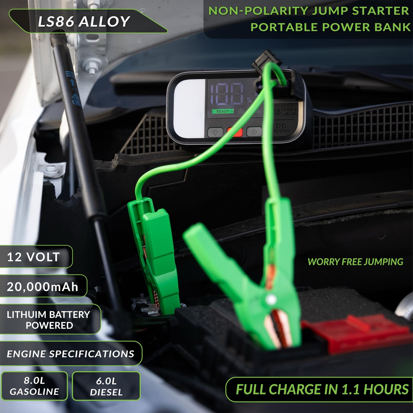Leaper 12V Jump Starter, Black Aluminum Casing, 2000A Peak Current, 20000mAh Capacity, 3'' Digital Screen, Non-Polarized Green Clamps. Protective Carrying Case and a UL PD65W Premium Charger