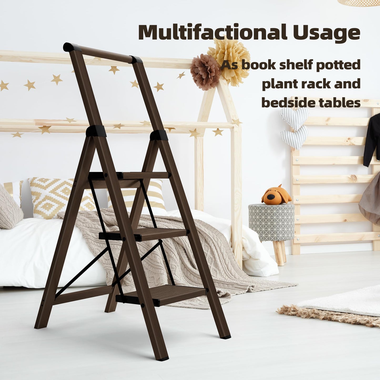 HillhutApex 3 Step Foldable Aluminum Step Ladder with Handgrip, Anti-Slip Pedal, 330lbs Capacity, Lightweight & Portable for Home, Kitchen, Office, Garage (Walnut)