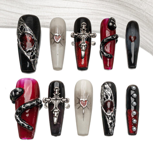 Sun&Beam Nails Handmade Press-on Long Coffin Ballerina Red White Black Silver Glam Halloween Ombre Design Fashion False Nail Tips 10 Pcs Set (#189 XS)