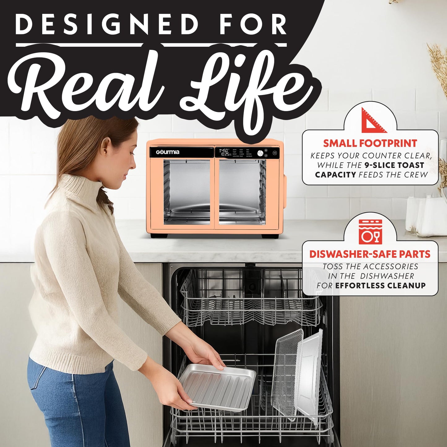 Gourmia French Door Air Fryer Oven - 37 Qt Large Capacity Convection Toaster Oven, FryForce 360°, Digital Display, 12 Cooking Presets, Dehydrate, Fits 13” Pizza, Dishwasher-Safe, Peach
