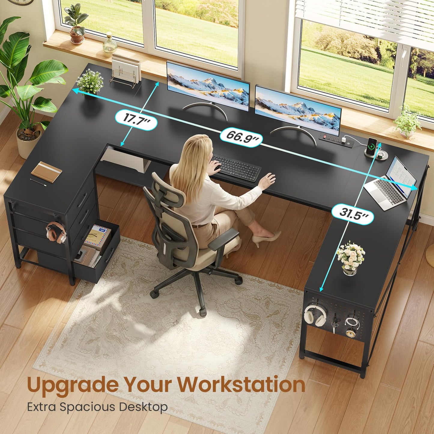 SEDETA 67" U Shaped Desk with 4 Fabric Drawers, Reversible Corner Computer Desk with Power Outlet & CPU Shelf, L Shaped Office Desk with Pegboard for Home Office, Black