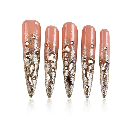 Tmani 10pc/set Extra Long Handmade Press On Nail Hot Girl's Long Ballet Nails Pointed Nail Full of Diamond Glitter Decoration Fake Nails Suitable For Girls Festival Parties and Birthday Gift (140,M)