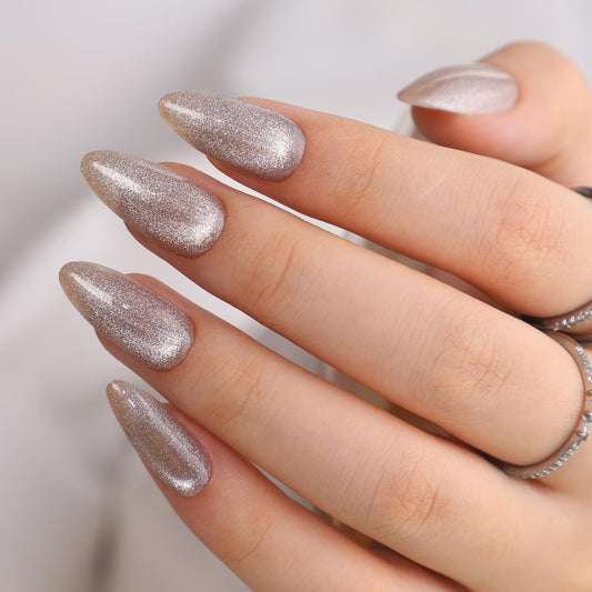 UNA GELLA 32Pcs Soft Gel Press on Nails - 16 Sizes Silver Cat Eye Almond Glue on Nails, Reusable Glitter False Nails, Full Cover Acrylic Nail Kit for Women DIY Home Manicure