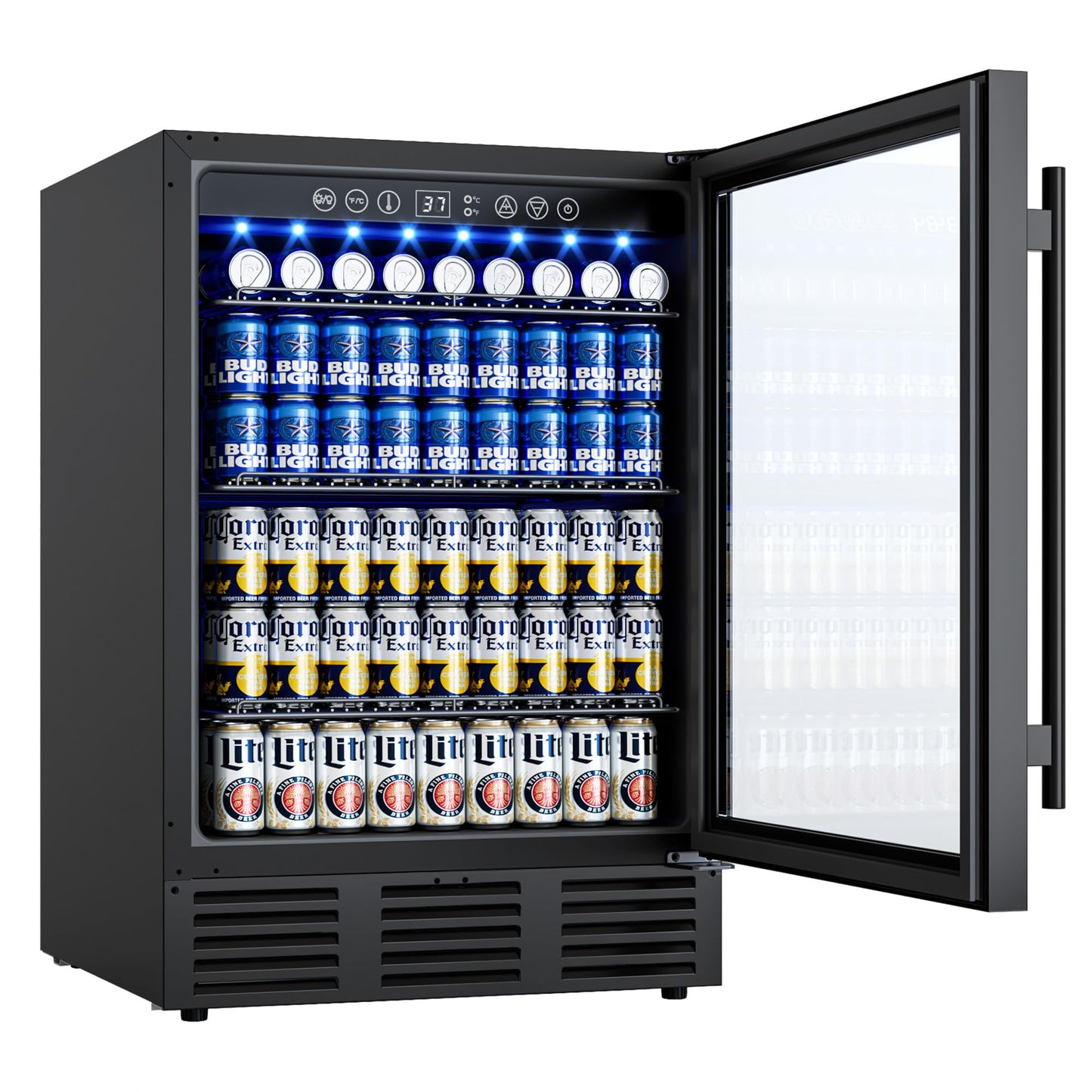 ICEVIVAL 24 Inch Built-In Beverage Cooler for 182 Cans, Under Counter Beer Fridge with Tempered Glass Door & LED Lighting, Freestanding/Integrated Installation (Black)