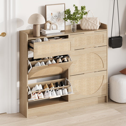 PeacefulHues Rattan Shoe Storage Cabinet, Narrow Freestanding Organizer Shoe Rack Organizer with Adjustable Shelves and Sleek Metal Handles for Entryway, Natural Wood Color