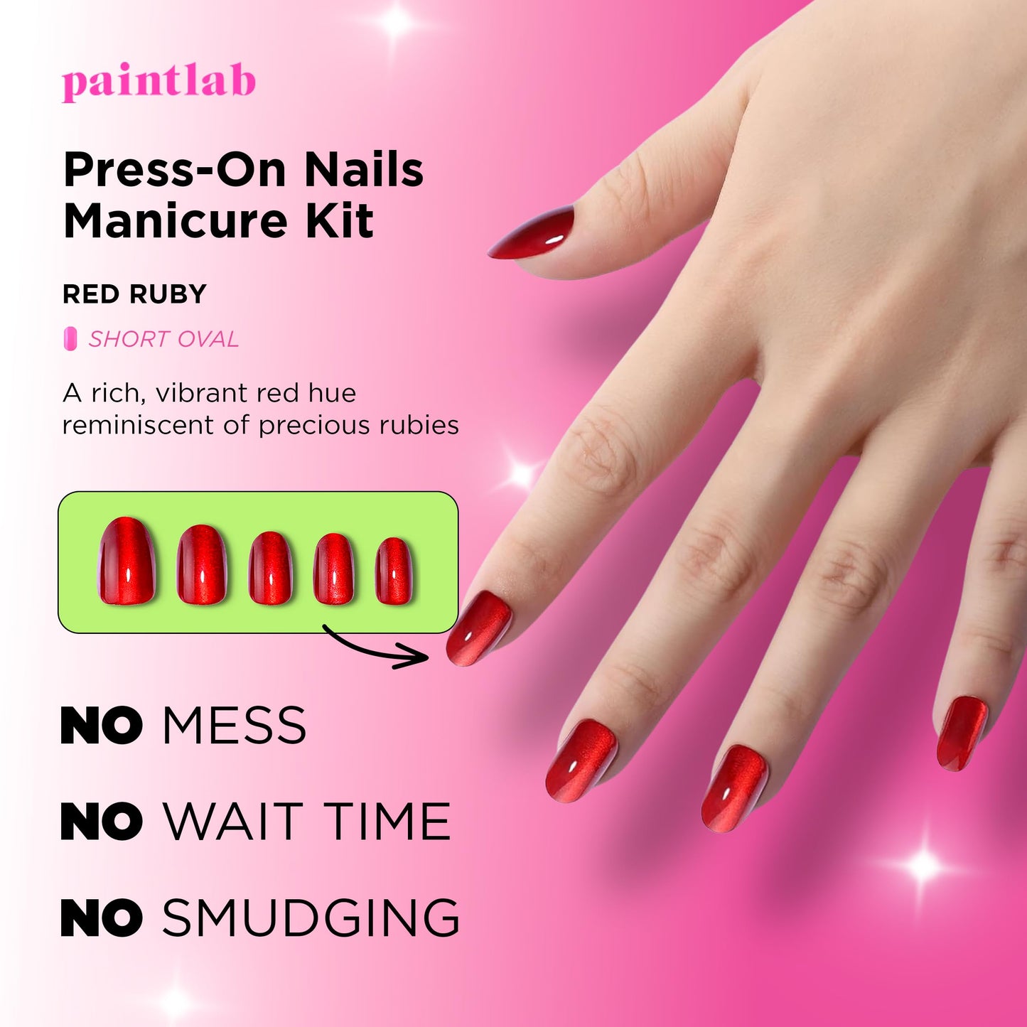 PaintLab Press On Nails - Red Ruby Cat Eye Oval Fake Nails, 30 Nails in 15 Sizes with Glue, Reusable Salon Quality Press On Nails
