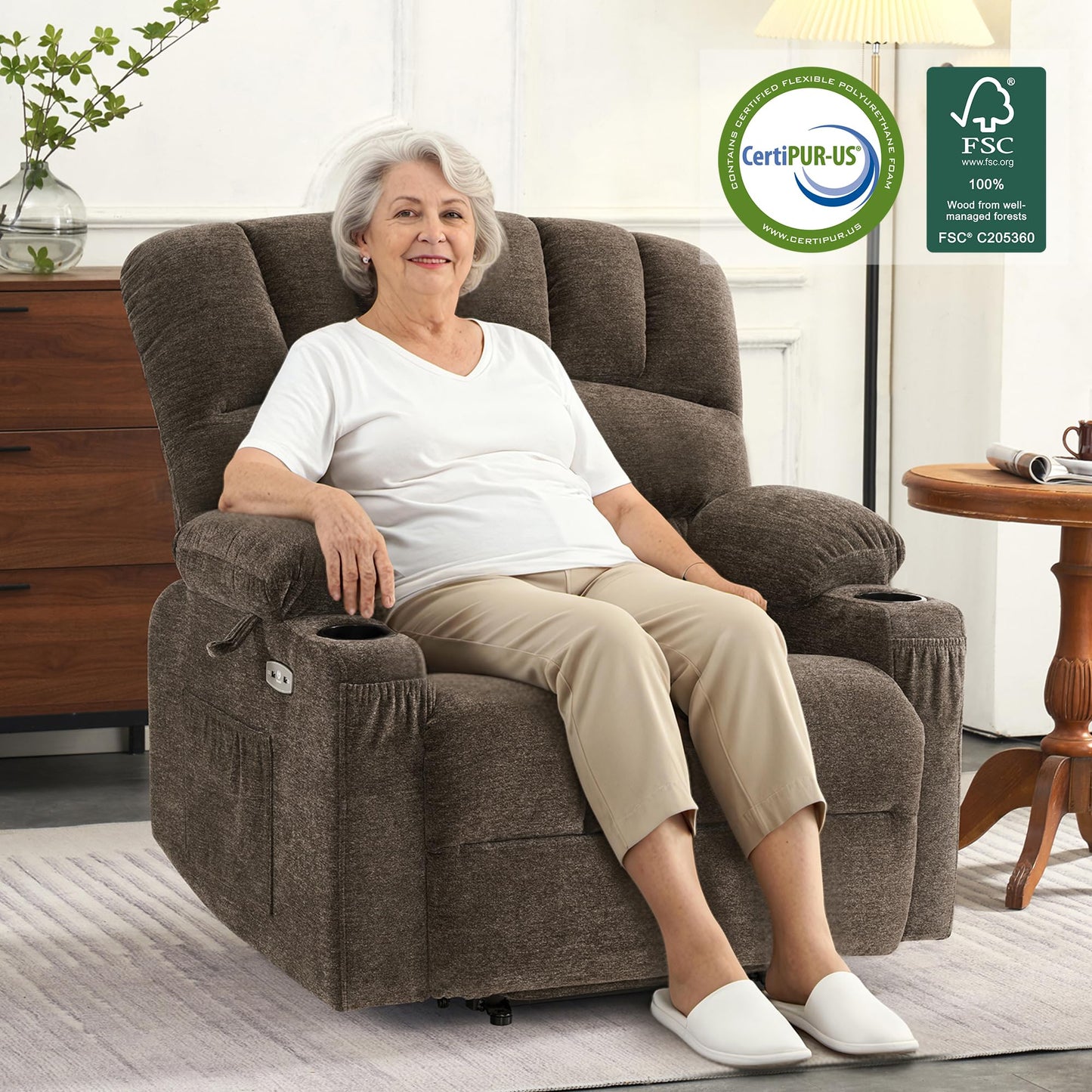 MCombo Power Lift Recliner Chair for Elderly, Lift Chair with Heat and Massage, Extra Wide Lift Recliner for Big People, Fabric R7096 (Medium-Wide, Coffee)