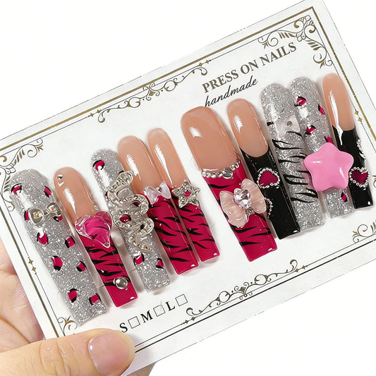 10 Pcs Extra Long Handmade Press on Nails Square Fake Nails with 3D Bow Rhinestones Star Charms Design Red Leopard Print French Tip False Nails Acrylic Wedding Long Press Ons Nails for Women - M Size