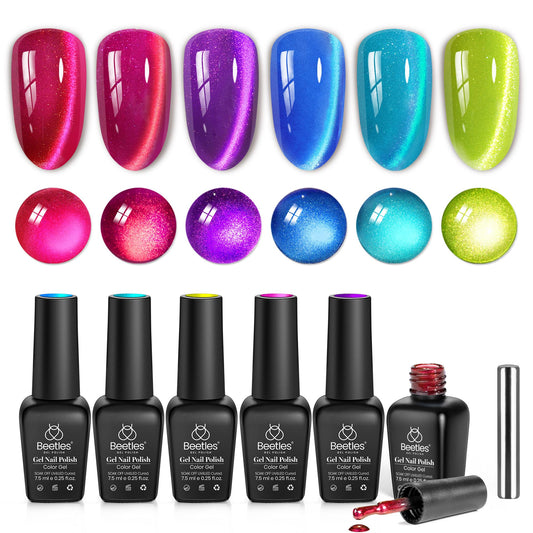 Beetles Neon Cat Eye Gel Nail Polish Set - 6 Colors Fairy Prism Summer Glitter Cat Eye Gel Polish Kit Red Green Blue Pink Purple Magnetic Shine Soak Off UV Salon DIY Manicure Gift for Women