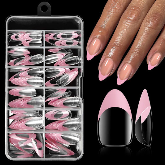 Bellelfin Pink French Tip Press on nails Short Almond Fake Nails, 120PCS Almond Nail Tips Short French Tip Nails, Clear Acrylic Press on Nail Full Cover False Nail