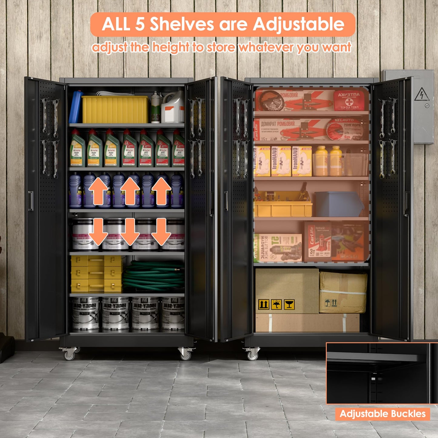 GangMei Metal Storage Cabinet with 5 Adjustable Shelves and Pegboard, 71" H×32" W×16" D Lockable Garage Storage Cabinet with Wheels for Garage, Home, Warehouse, Black, Assembly Required