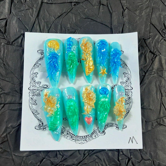 Press on Nails Handmade Nails 10Pcs Fresh Style Hand Embossed Blue Manual Press on Nails for Women Party Holiday Photo 33mm Long Size S