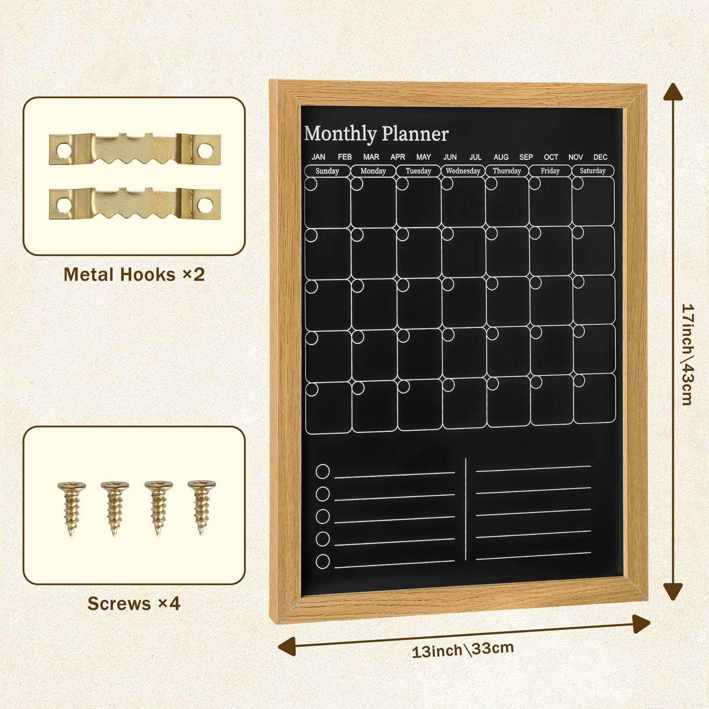 Magnetic Chalkboard Calendar for Wall – 17x13 Monthly Dry Erase Planner with Natural Wood Frame, 2-in-1 Vertical Memo & to-Do Board