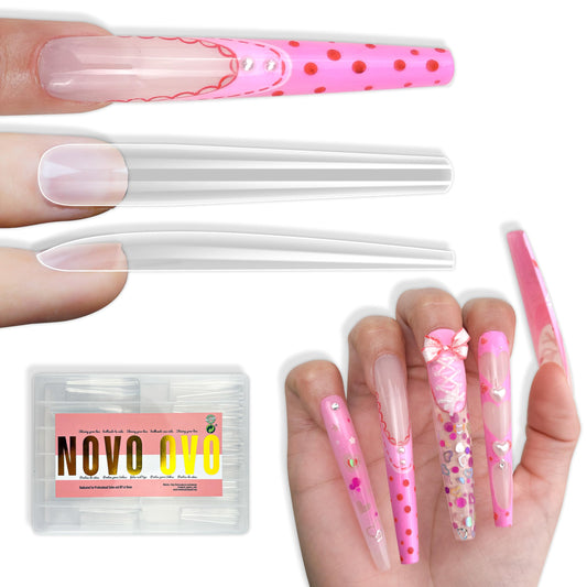 NOVO OVO 4XL Extra Long Coffin Nail Tips (Clear, 120Pcs) - Soft Gel Gel X Style Full Cover False Nails, Super Long Ballerina Acrylic Fake Nail Tips for Press on Extension, DIY Salon (12 Sizes)