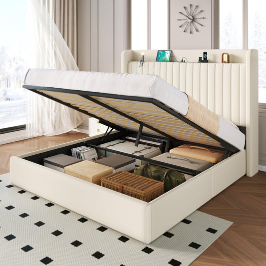 SHA CERLIN Queen Size Lift Up Storage Bed Frame with Charging Station/USB,Type-C Port/Storage Headboard/Velvet Upholstered/Hydraulic Support/No Box Spring Needed/Noise Free/Cream White