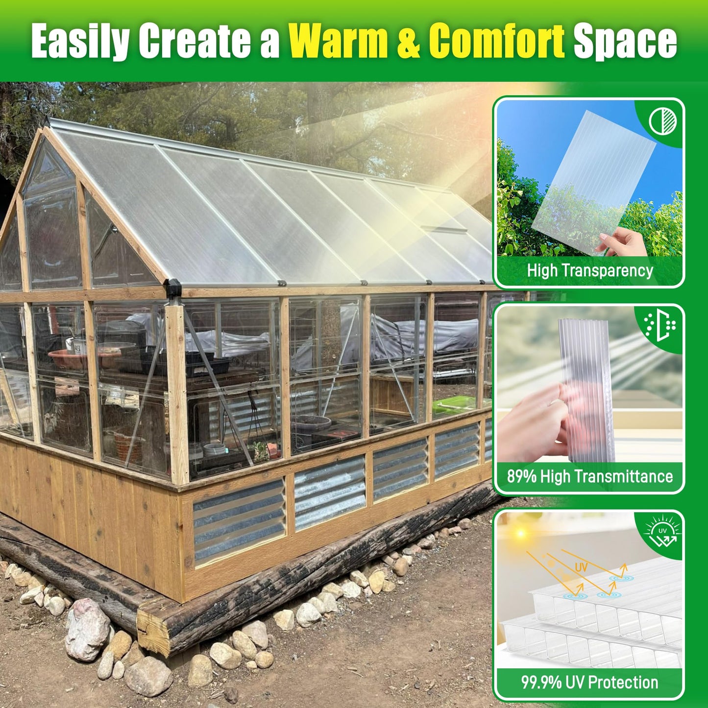 Sinimaka 10 Pack Polycarbonate Greenhouse Panels, 8' x 4' x 0.24'' Twin-Wall Polycarbonate Sheets, All Weather Clear Roof Panels Greenhouse Replacement Panels