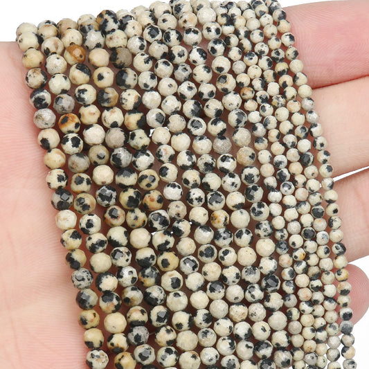 Song Xi 120pcs 3mm Natural Dalmatian Gemstone Beads Faceted Round Loose Stone Beads for Jewelry Making (1 Strand)
