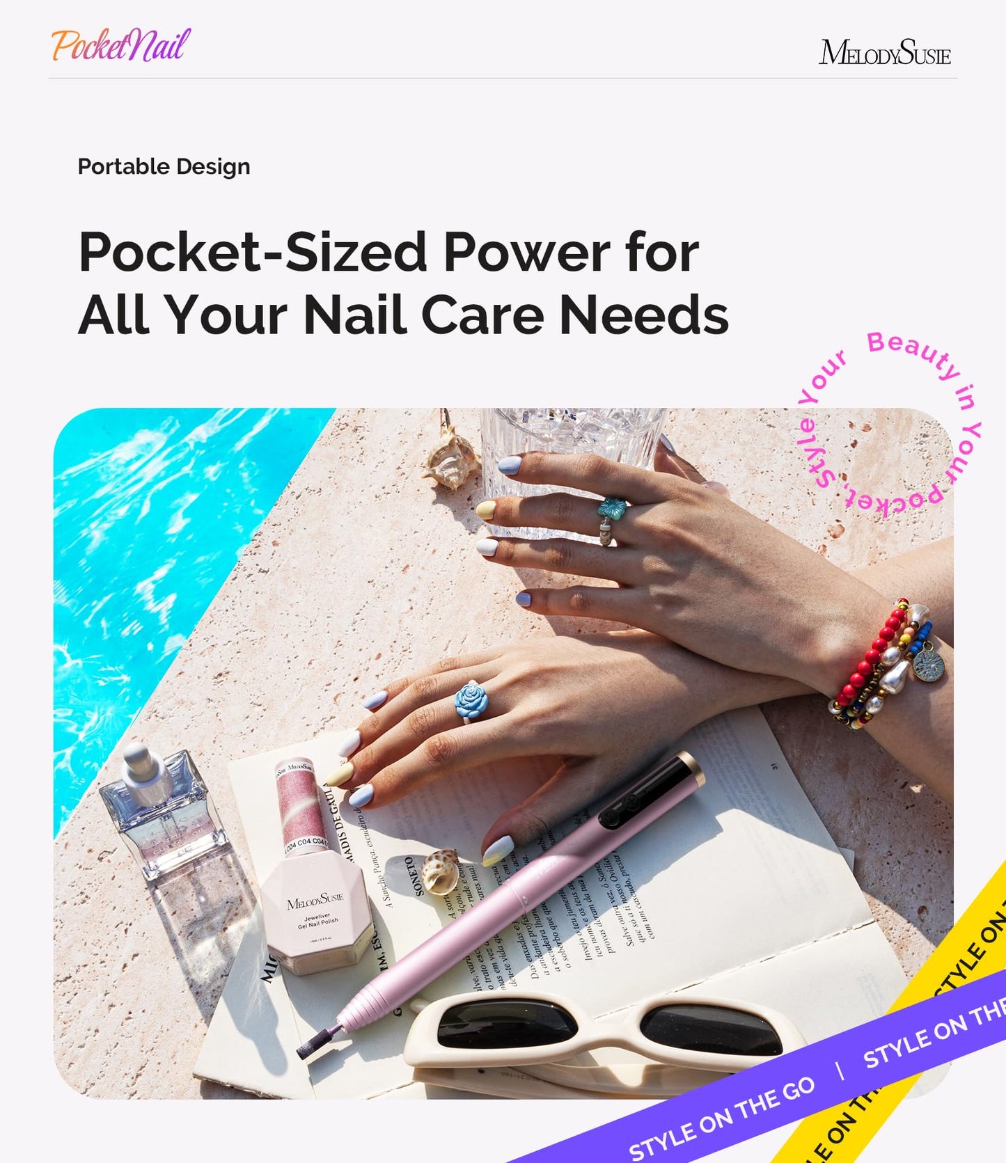 MelodySusie PocketNail Pen-Shaped Cordless Modular Nail Drill, PC100GR 20000RPM Slim Portable Rechargeable Electric File for Manicure Pedicure Nail Care, Shaping & Gel Removal at Home for Beginners