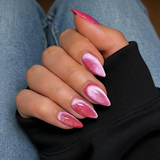 SXVME Hot Pink Cat Eye Press On Nails Almond Shaped - Bling Medium Stiletto Fake Nails, Natural Shimmer Glue on Nails, Opaque Glitter False Nails for Women Summer, 30 Pcs