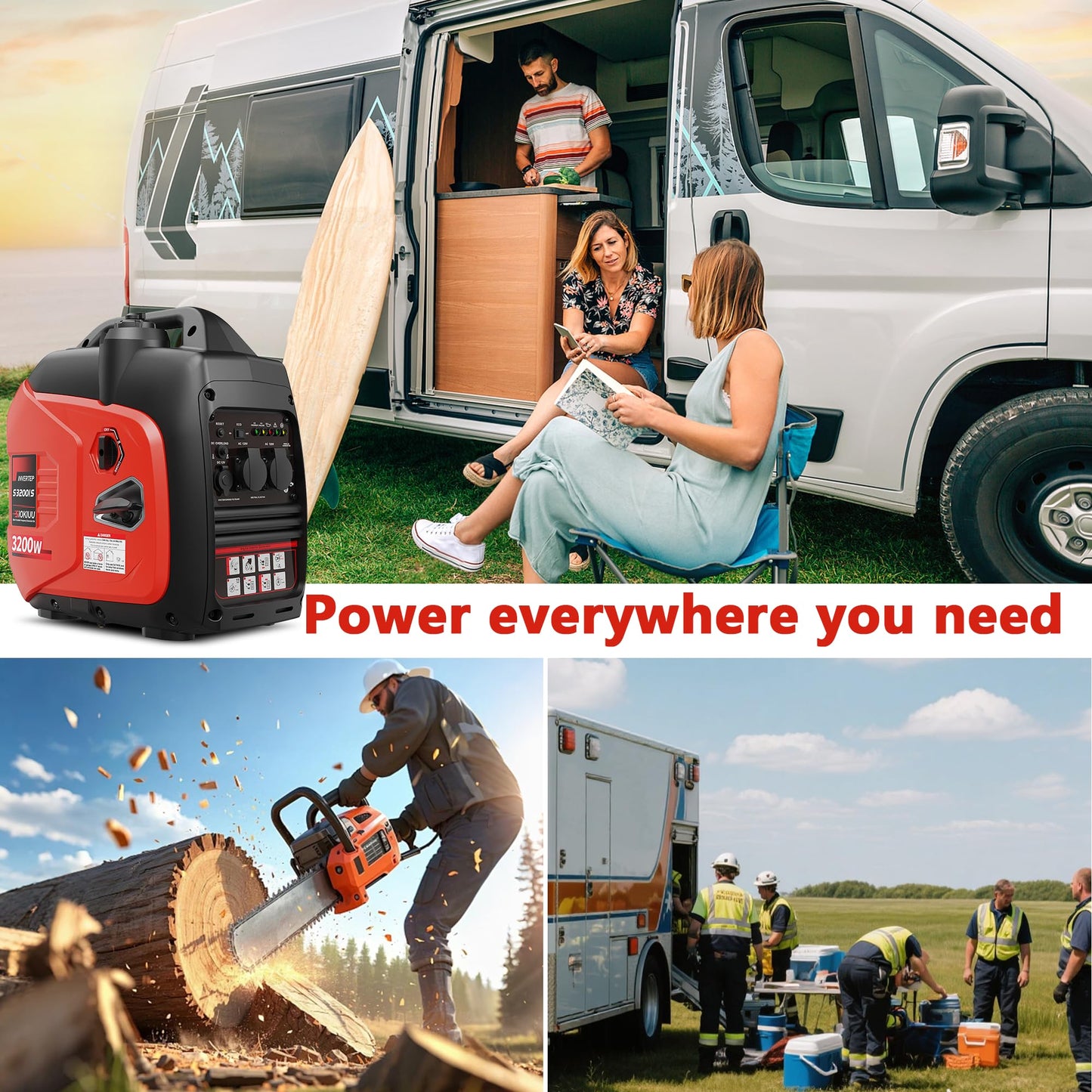 SIOKIUU 3200W Portable Generator Super Quiet Inverter Generator Ultra Lightweight for Home Backup Outdoor Camping, CO Sensor Protect, EPA, ECO Mode