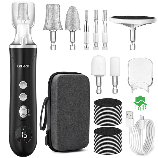 Litbear Electric Nail Drill File for Hand Feet Care, 15 Speed Professional Nail Grinder for Thick Toenails, Cordless Pedicure Manicure Set for Women Men Senior, Home Salon Use (Black)