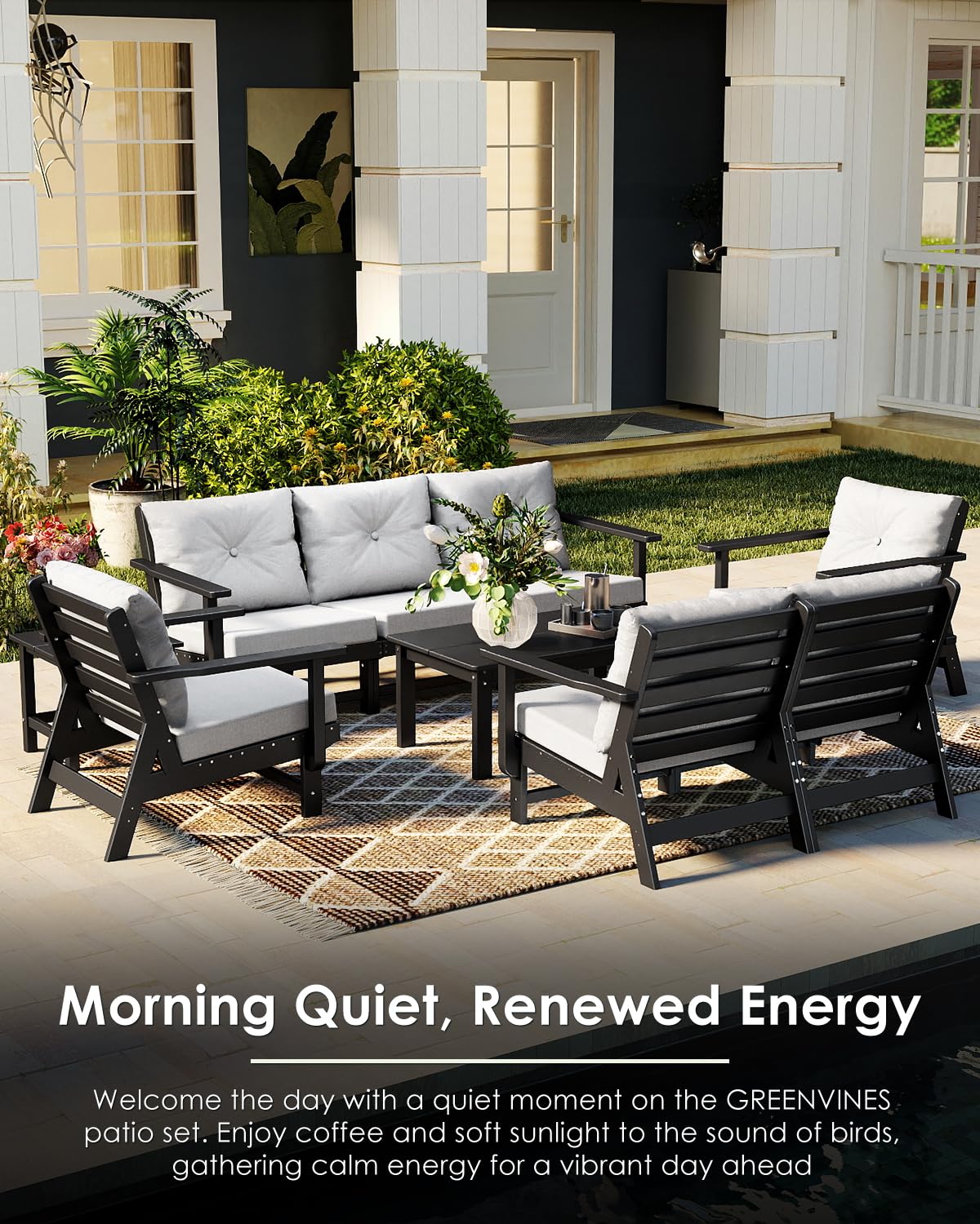 GREENVINES 6-Piece-Patio-Furniture-Set | HDPE Plastic | Outdoor Sectional Conversation Sets | All-Weather Couch | Sofa with Coffee Table | Detachable Armrests | for Deck Lawn | Black