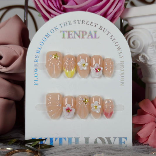 TENPAL Warm Yellow French Tips Press on Nails Short Oval with 3D Floral, Handmade & Reusable, Cute Sheer Soft Sunny Style False Nails for Clean Daily Wear(M)