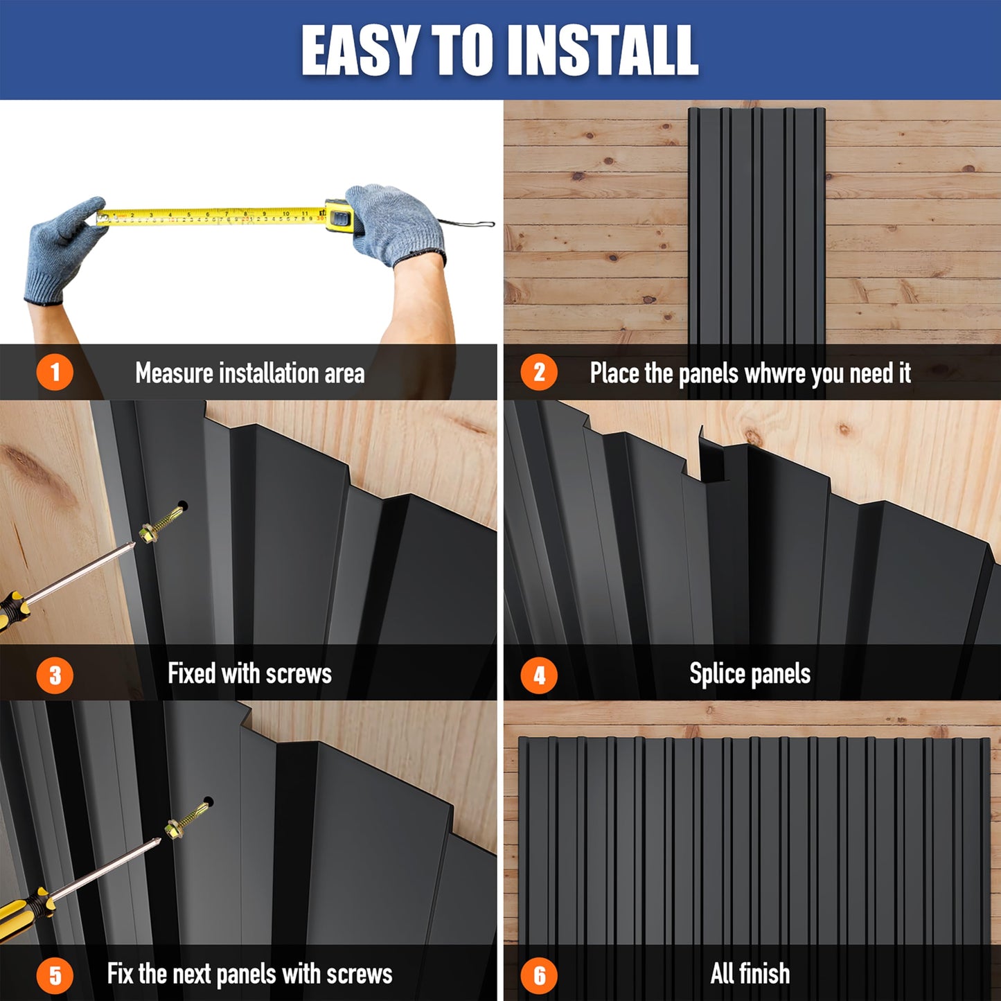 Brakki Metal Roofing Panels 10pcs 52.4 ft², L42.52"xW17.72" Black Corrugated Galvanized Steel Roof Panels with Screw, Heavy Duty Metal Siding Suitable for Garages Chicken Coop Sheds Stables Patio