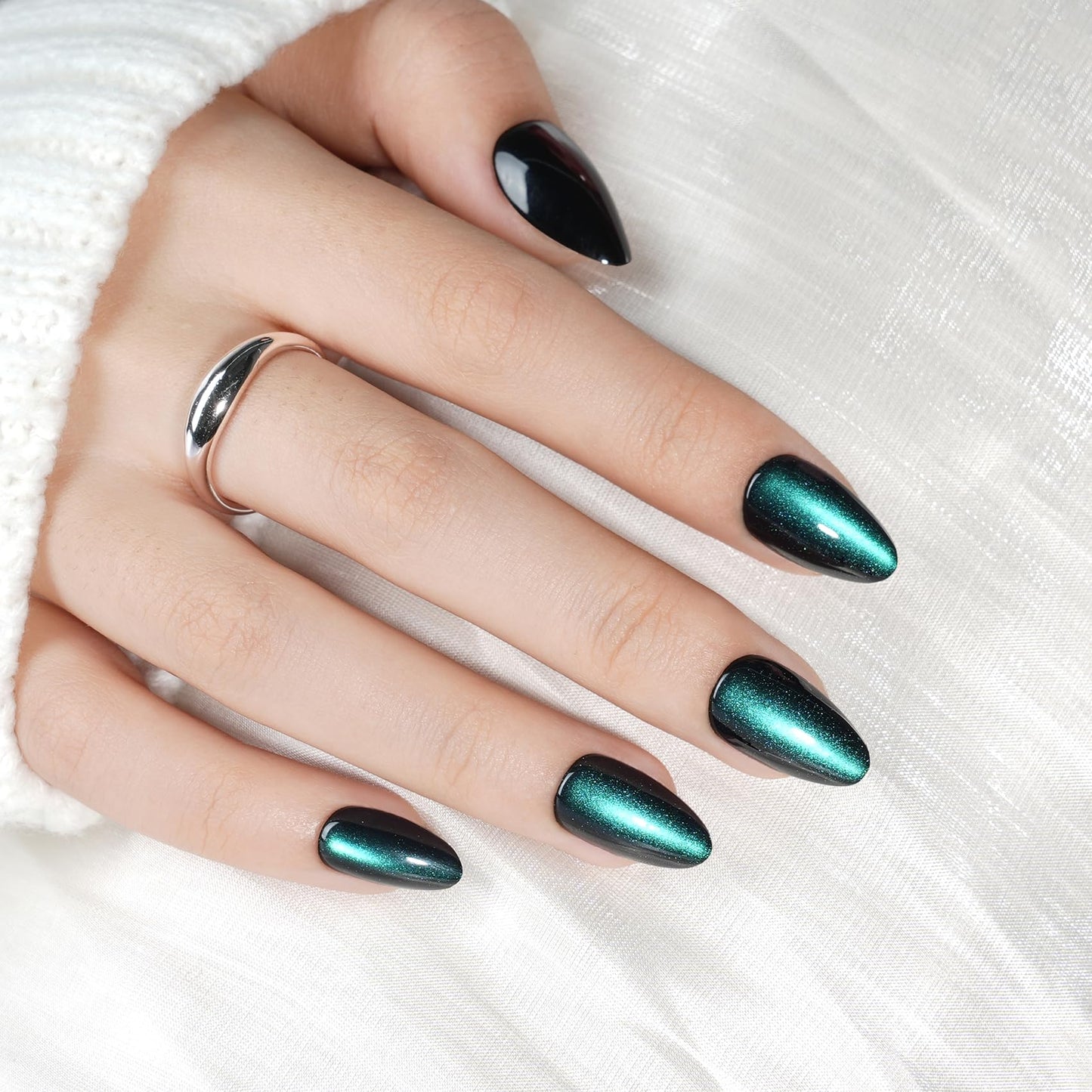 Green Cat Eye Press On Nails Almond - Short Almond Fake Nails with Nail Glue, Dark Green Cateye Press On Nails Reusable Stick On Nails in 16 Sizes 32 Nail Kit for Women & Girls | Salon Quality
