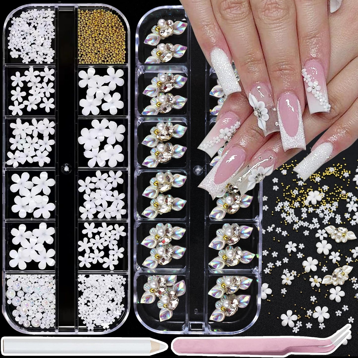 SEMATA 3D Flower Nail Art Charms Mixed Size White Nails Gems Flatback Nail Pearls White Flower Nails Art Accessories Decoration Design for Women