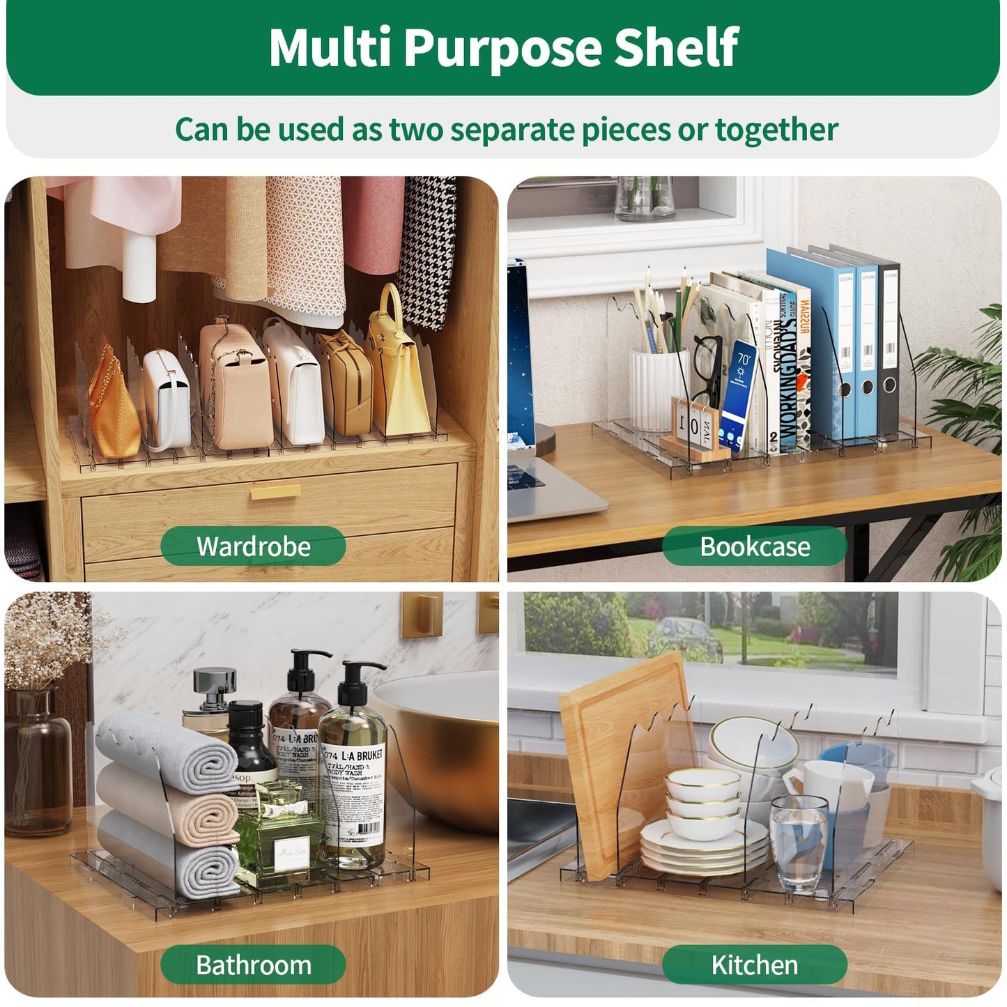 SPACEKEEPER Adjustable Shelf Divider for Closet, Clear Purse Organizers for Closet Acrylic Handbag Separators Storage Organizer Bookshelf Separator Dividers in Bedroom, Office