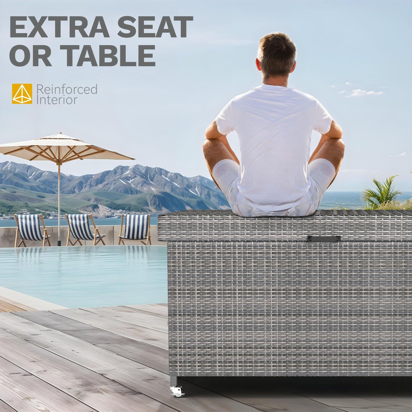 DWVO 200 Gallon Deck Box, Outdoor Storage Box w/Storage Net, Rattan XL Outdoor Cushion Storage for Patio Furniture, Garden Tools, Pool Sports Equipment (Grey)