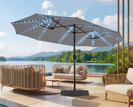SUPERJARE 15ft Large Patio Umbrella with Base included, Double Sided Outdoor Umbrella with Solar Lights, Pool Umbrella with Fade Resistant Canopy for Deck, Porch, Yard, Balcony, Grey