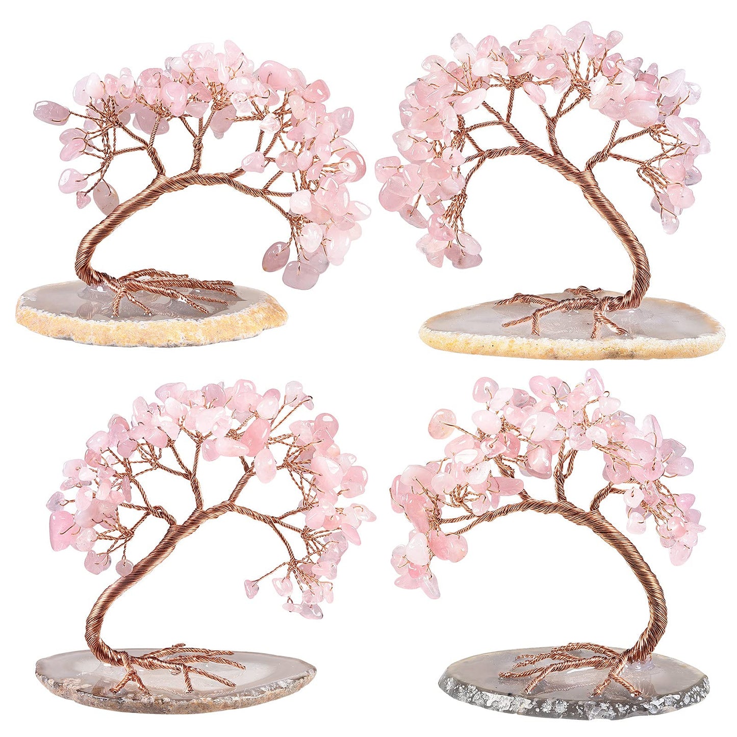 mookaitedecor Natural Rose Quartz Crystal Money Tree Agate Slice Base Feng Shui Bonsai Crystal Tree for Wealth Luck Desk Decor, 3-4 Inch High