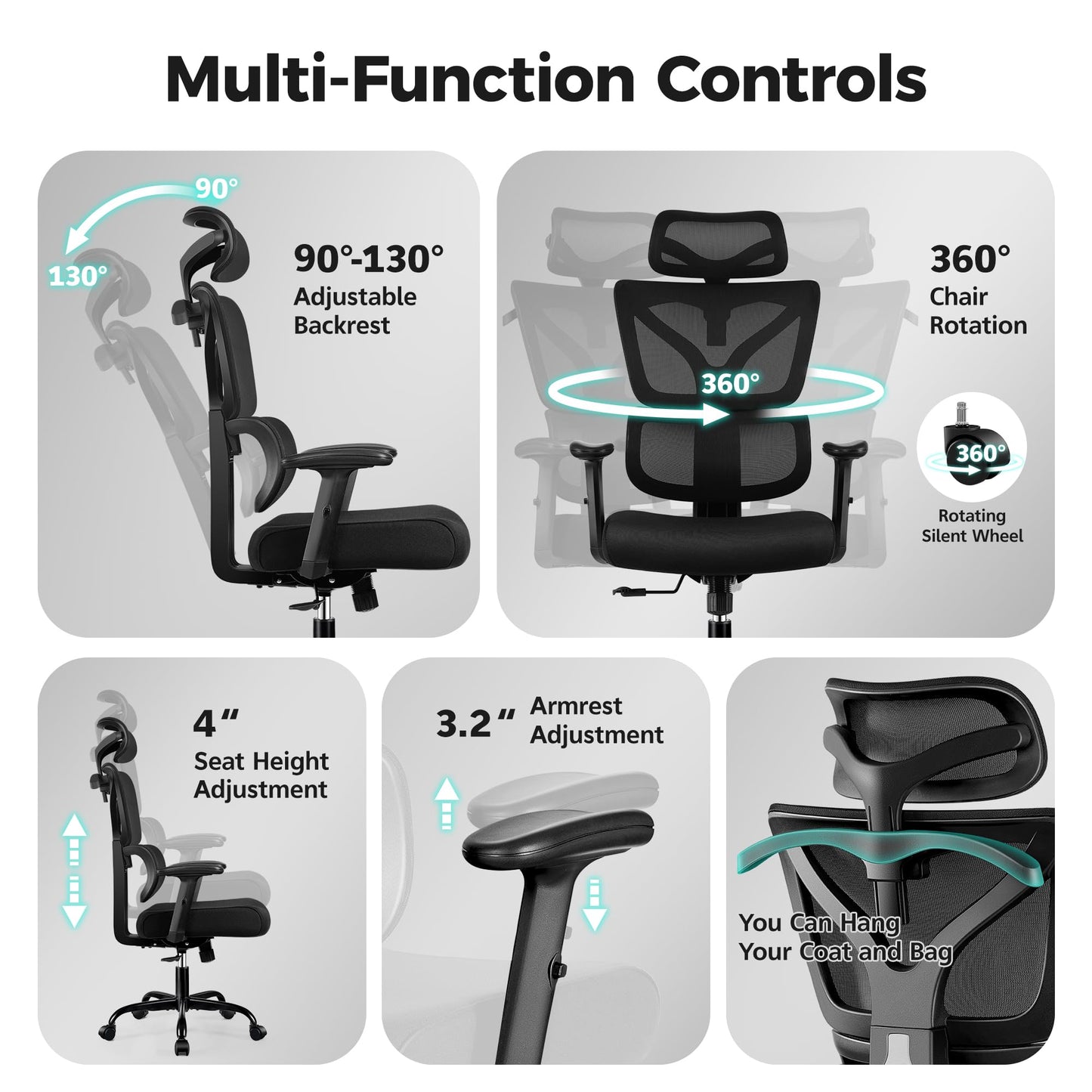 Ergonomic Office Chair High Back Desk Chair with Lumbar Support, Breathable Mesh Computer Chair with Adjustable Armrests Height, Reclining Swivel Big and Tall Gaming Chair for Home Office(Black)