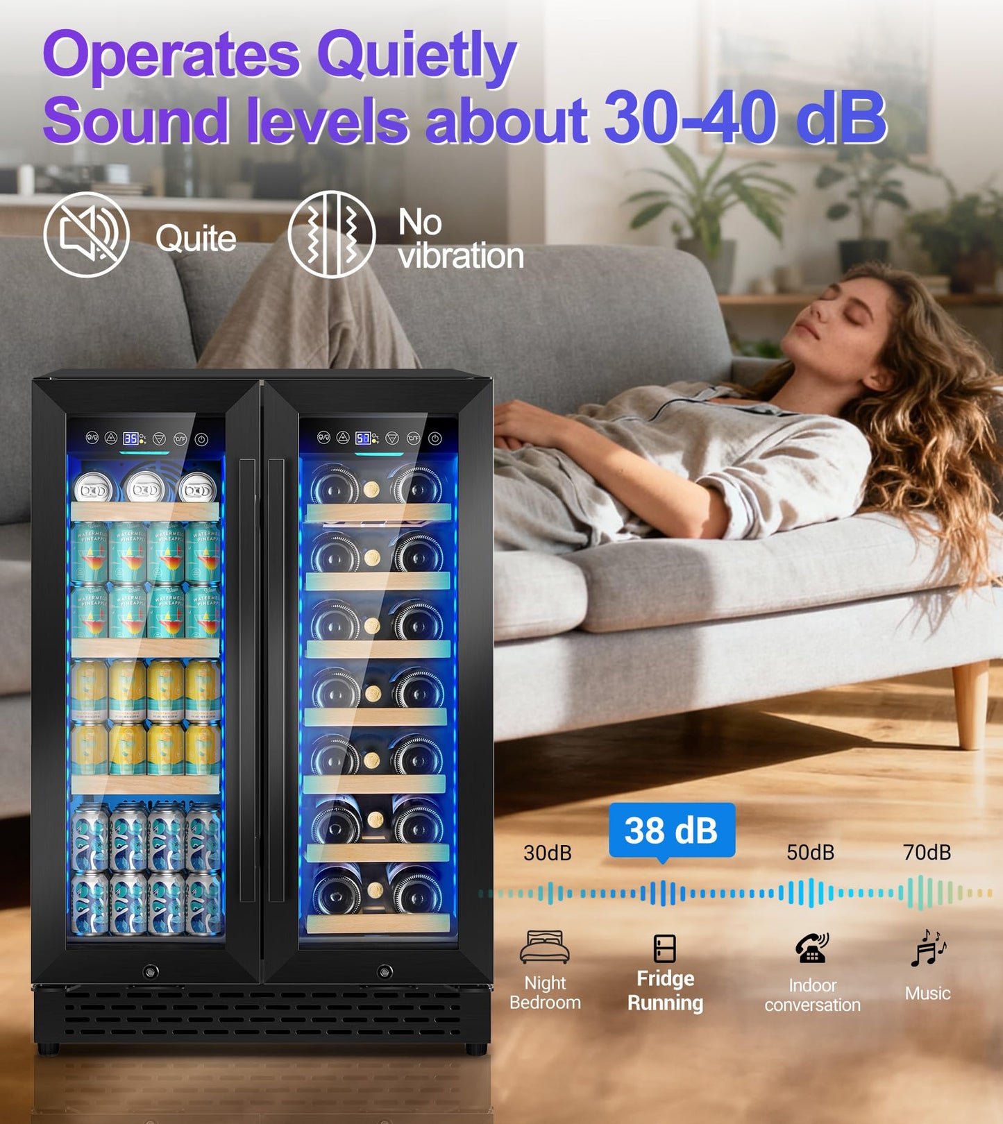 RLPI 24'' Wine and Beverage Refrigerator, 4.2 Cu. Ft. Dual Zone Wine Fridge with RGB Lights French Door Intelligent Control Advanced Compressor Under Counter Cooler for Outdoor Kitchen Bar Gift Black