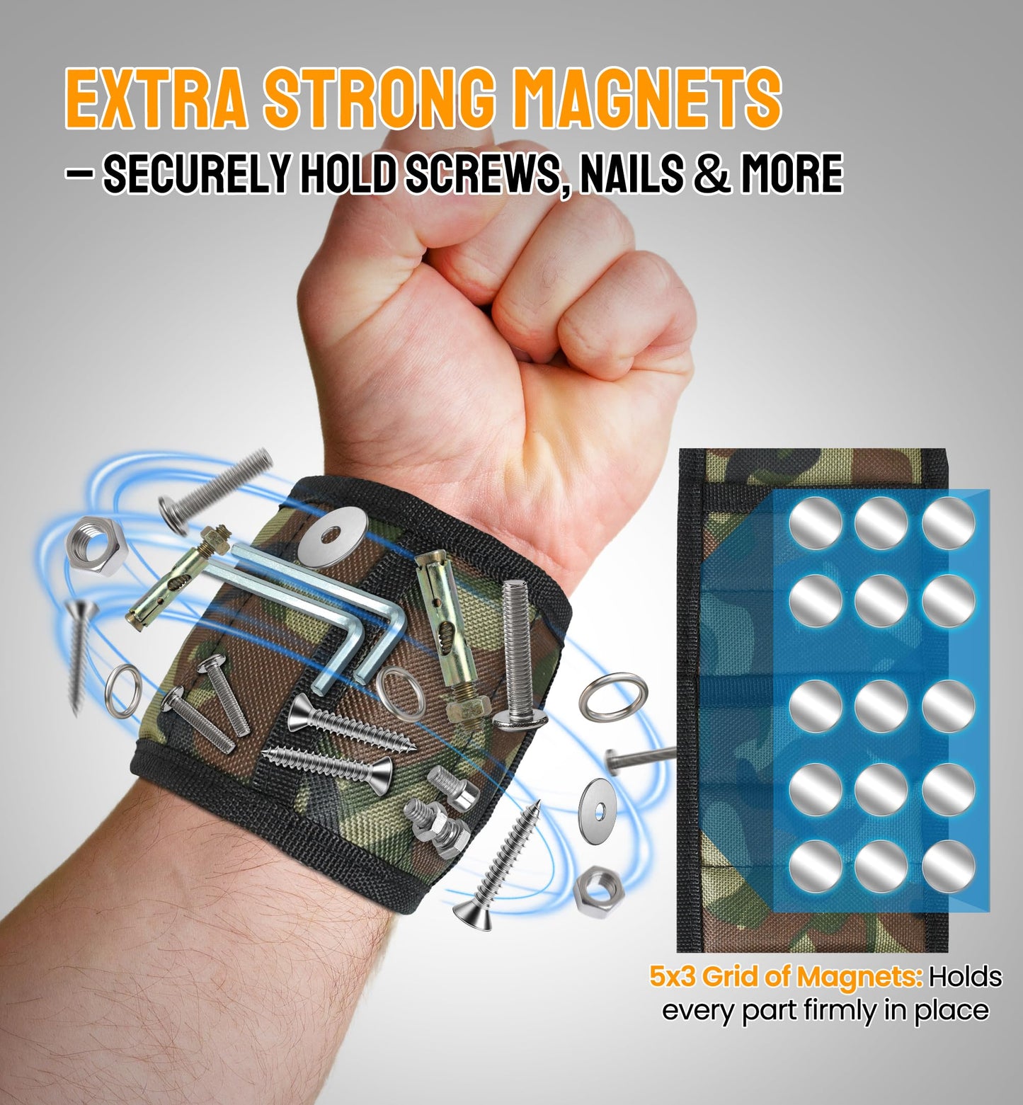 HiRui Magnetic Wristband for Tools – Ultra-Strong 15 Neodymium Magnets Hold Screws, Nails & Bits, Dual Pockets – Hands‑Free for DIY, Home Repairs, Auto – Gift‑Ready for Dad, Husband, Grandpa (CAMO)