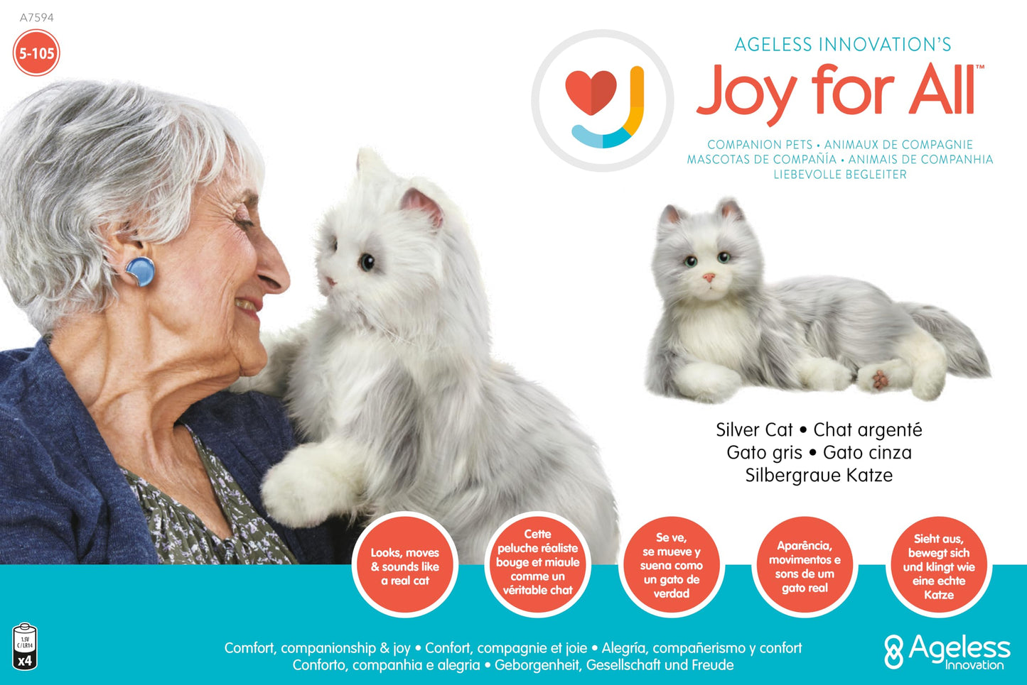 JOY FOR ALL Companion Pet for Seniors - Lifelike Animatronic Cat - Realistic Soft-Touch Fur & Purring - Therapy Stuffed Animal - Toy for Alzheimer's & Dementia - Silver w/White