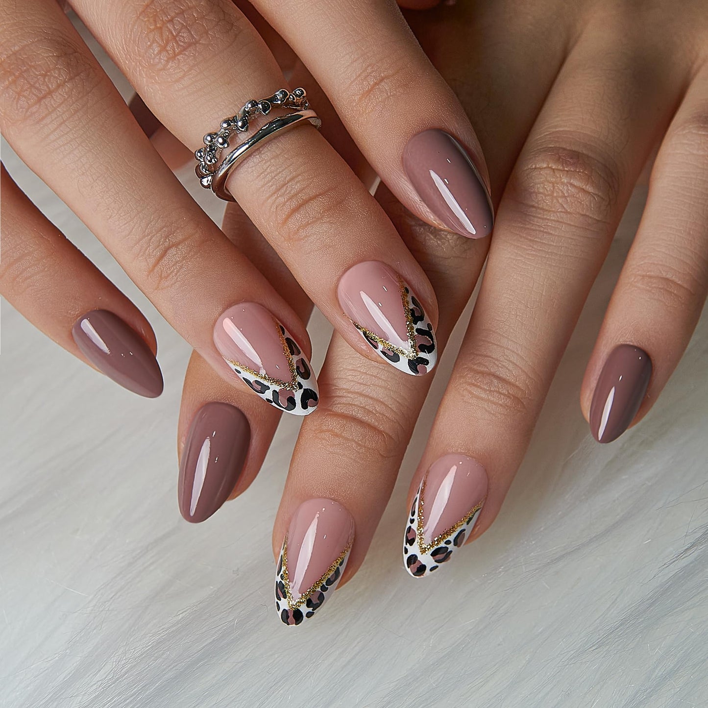 CurvLife Medium Almond Press On Nails, Soft Gel Salon Quality Fake Nails for Women, Reusable Long Lasting Nail Tips, Nude Pink Glitter Leopard French Design